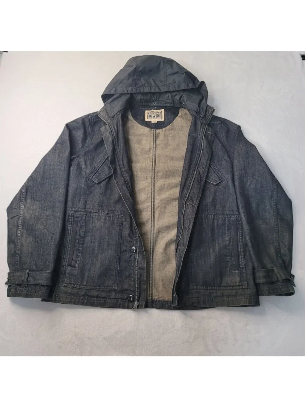 Converse One Star Men's Hooded Full Zip Button Black Denim Jacket Size L - Picture 2 of 14